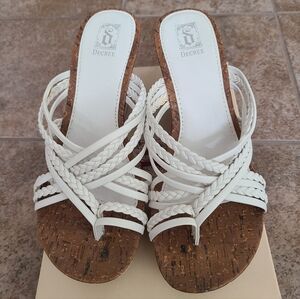 Decree White Braided Cork Wedge Sandals - Strappy Slip-On